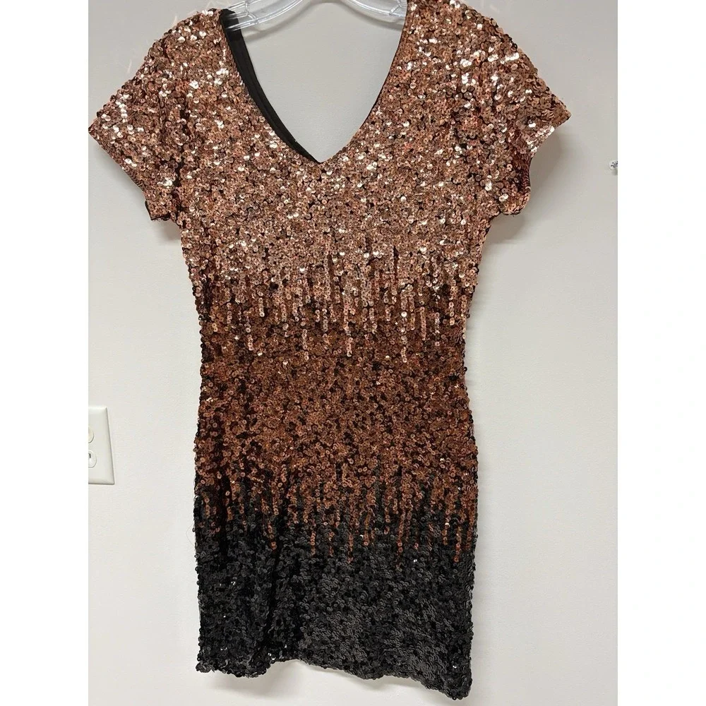 Ombre Sequin Bodycon M Dress V-Neck Cap Sleeve Copper Bronze Black Cocktail Midi - Picture 3 of 10